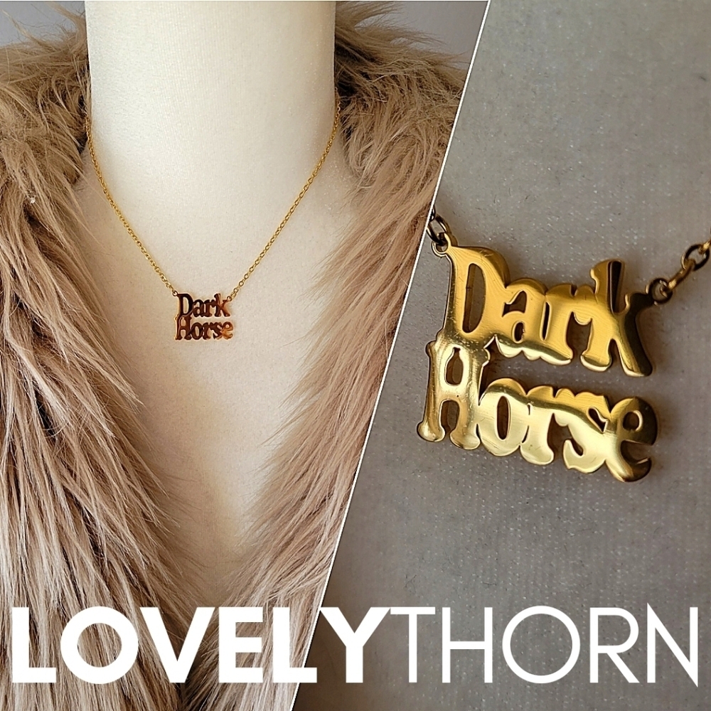 LOVELYTHORN // custom dark horse 18K gold-plated 16" stainless steel namplate